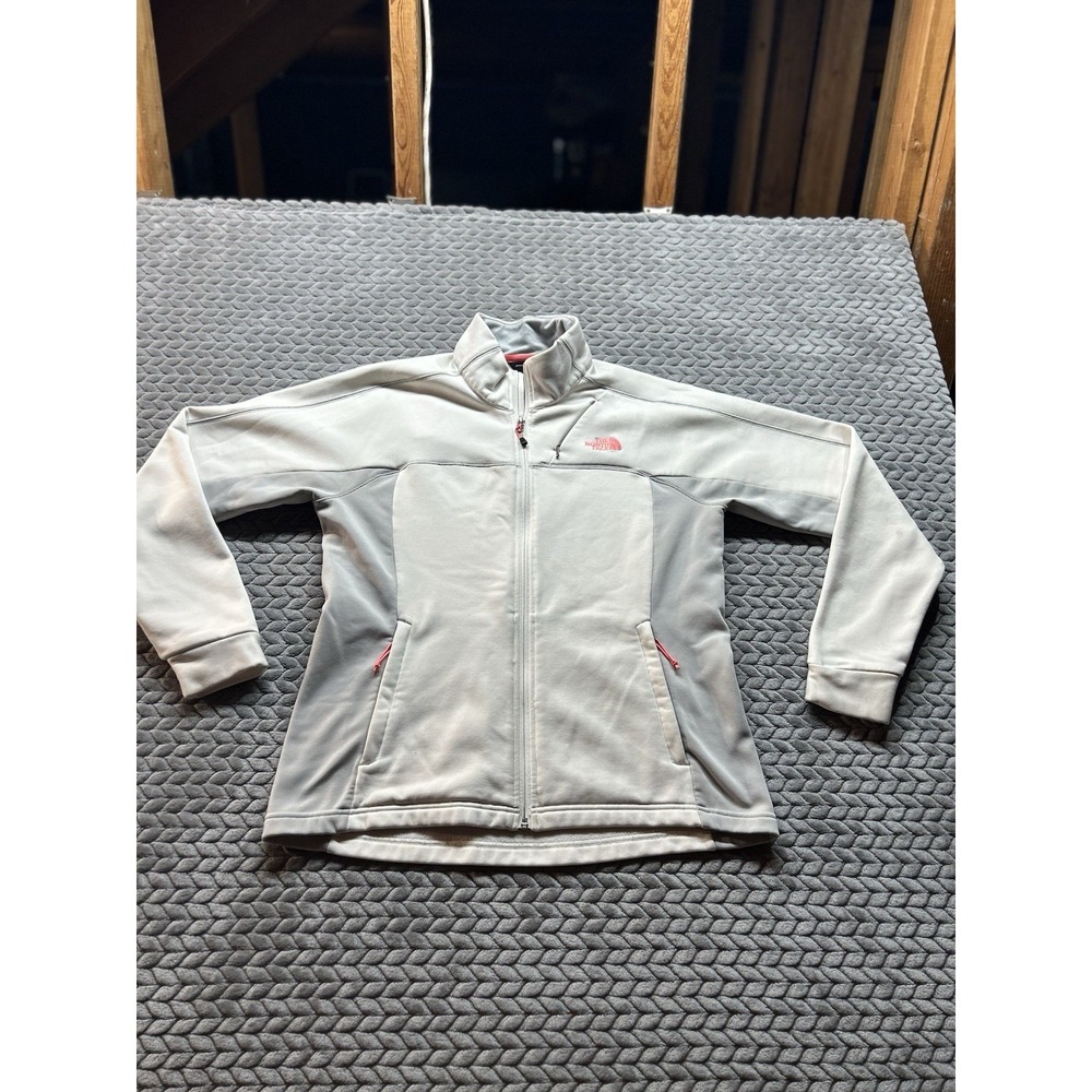The North Face Womens L Softshell Jacket White Gray Pink Full Zip Fleece Lined